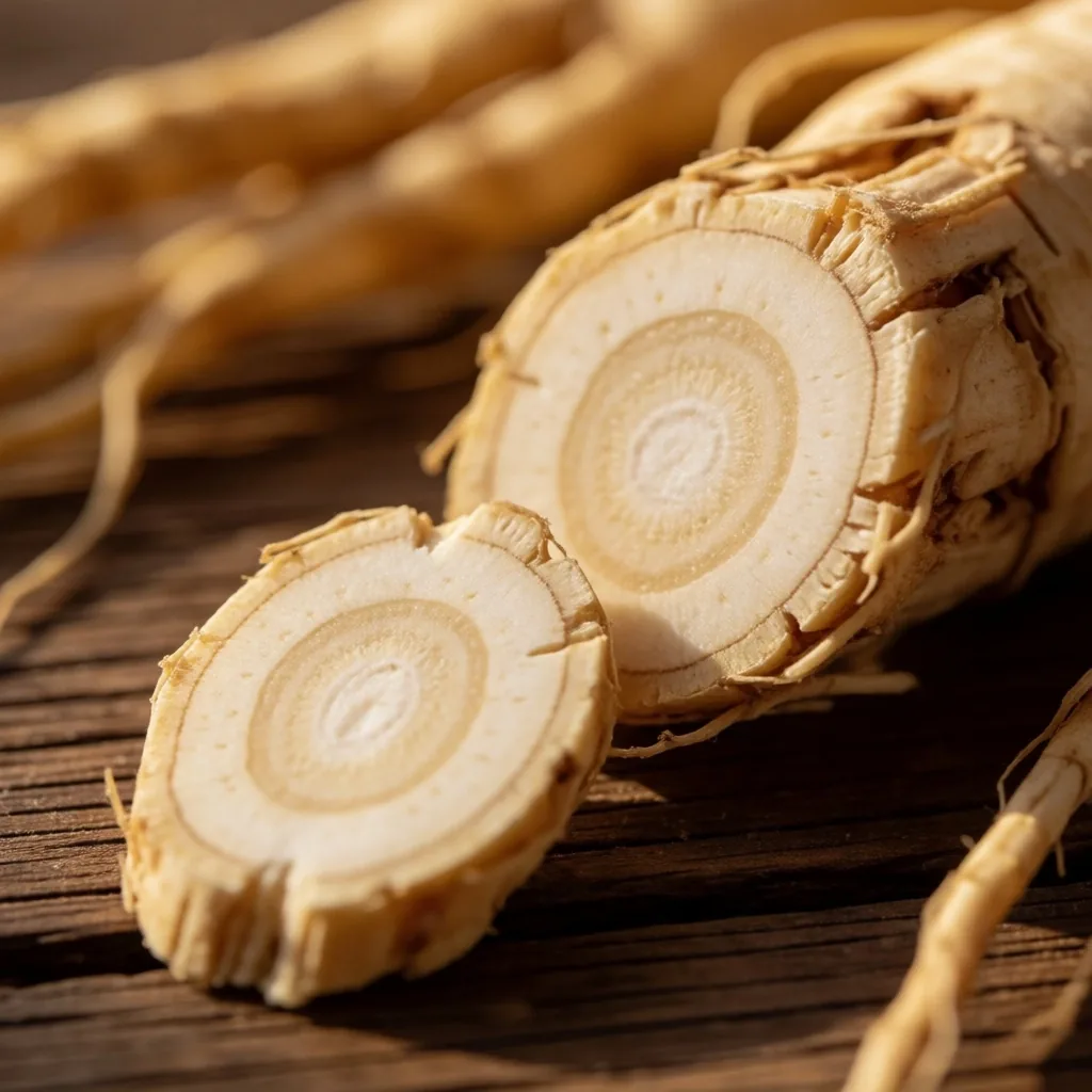 Botanical macro study of a ginseng root cross-section on weathered oak