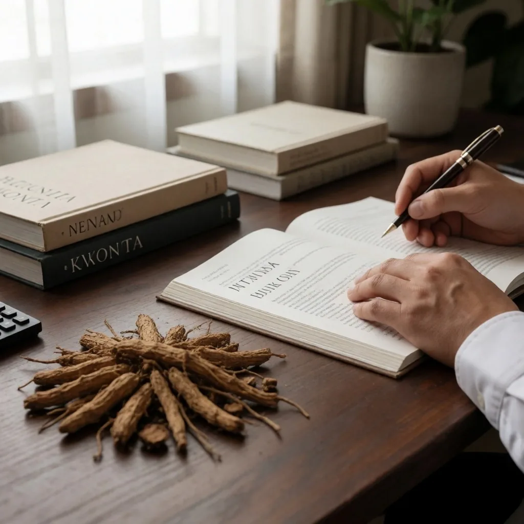 Research desk with botanical reference books and dried herbs at the Manfaat Pria Jakarta office