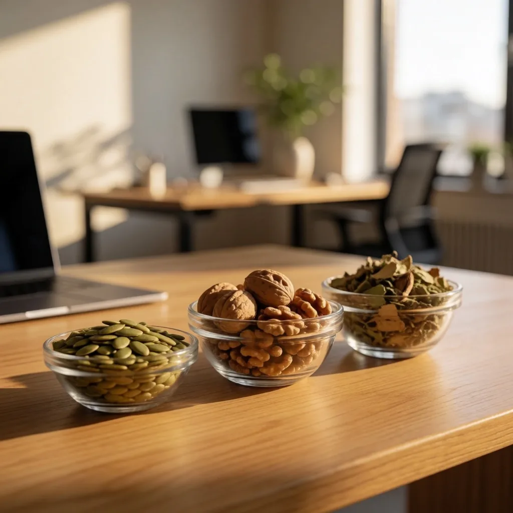 Natural wellness workspace with dried herbs and seeds