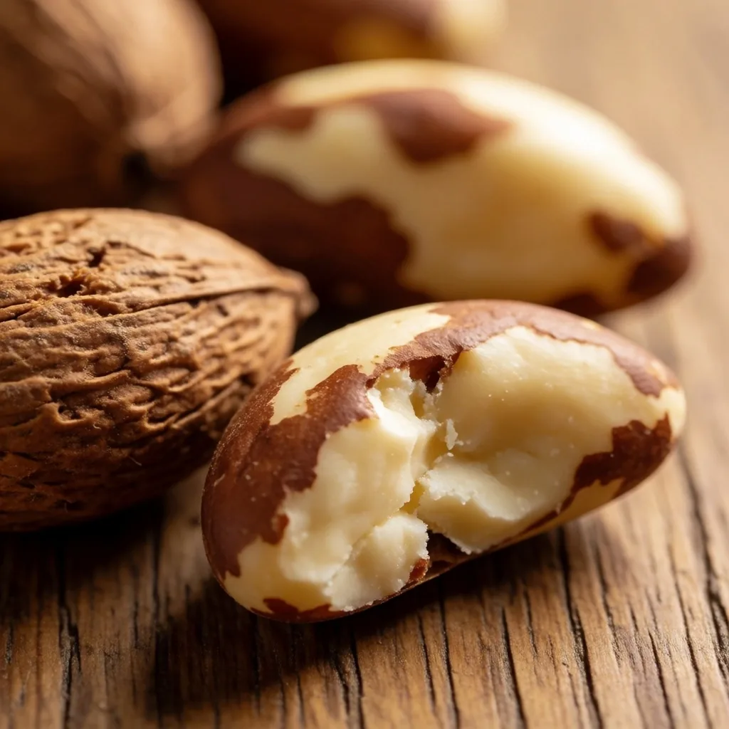 Brazil nuts on an oak surface, one of the richest natural sources of selenium