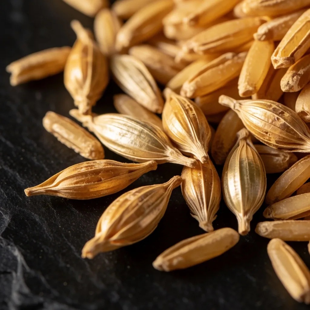 Whole grains rich in B-complex vitamins arranged on dark slate