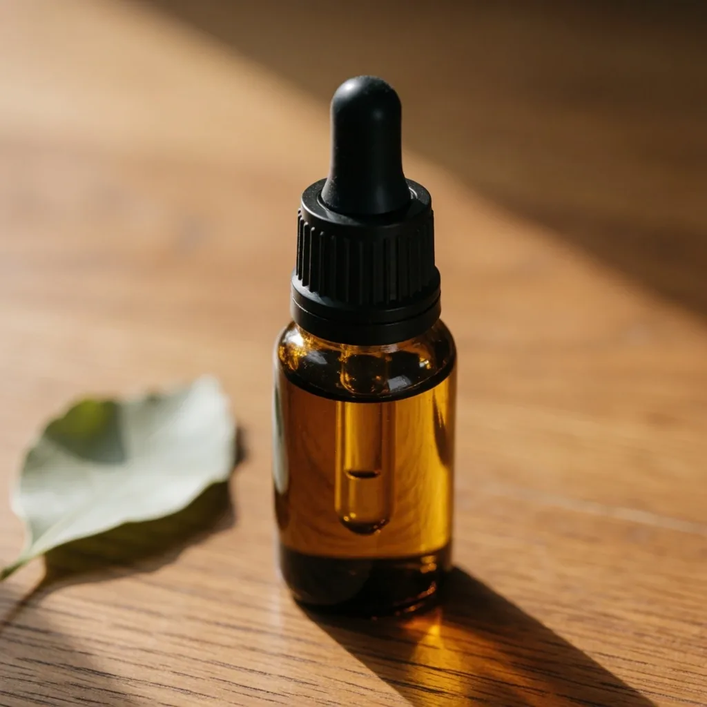 Amber dropper bottle on oak surface