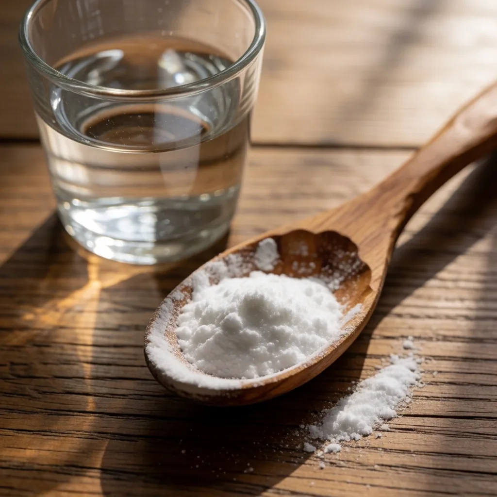 Mineral powder on wooden spoon beside water