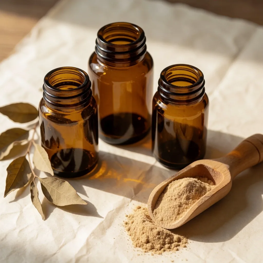 Natural supplement containers arranged on paper