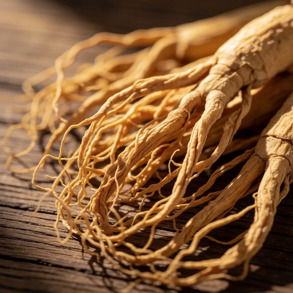 Dried ginseng roots on oak wood