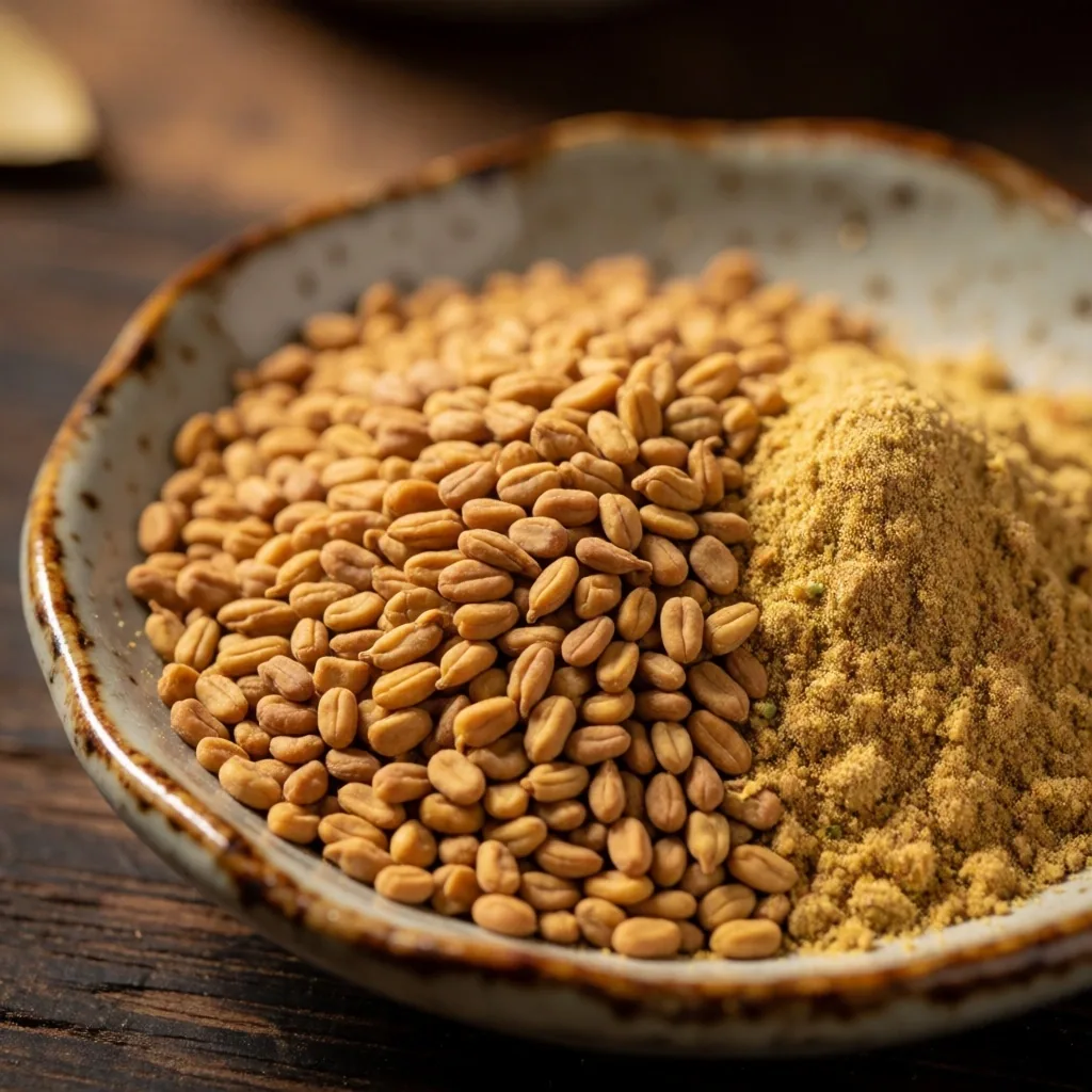 Fenugreek seeds and powder in a bowl