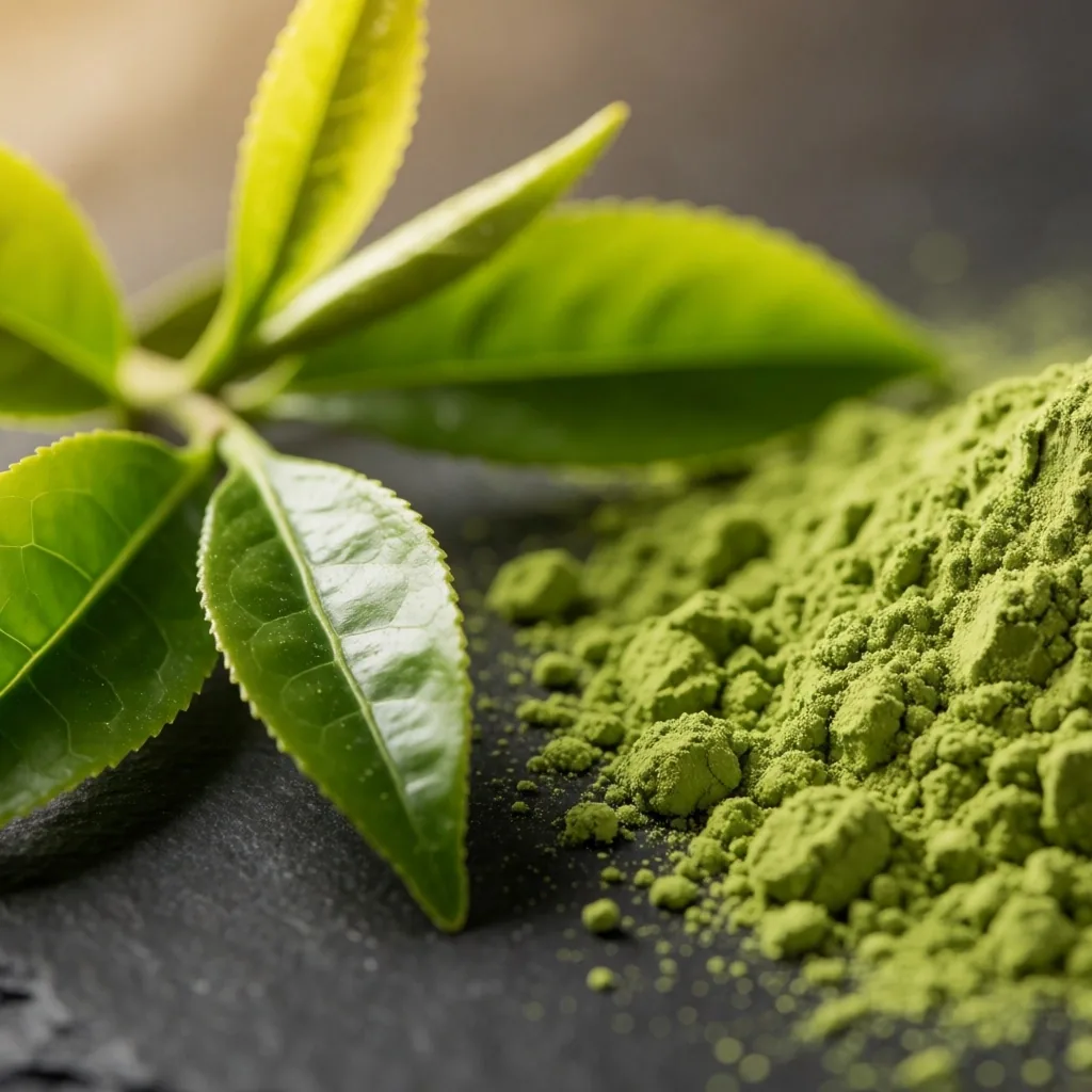 Green tea leaves and matcha powder on stone
