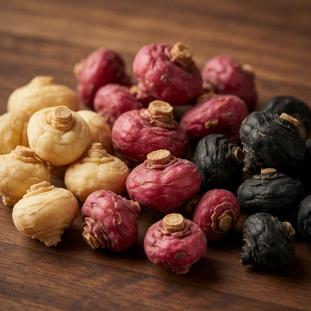 Three varieties of dried maca root