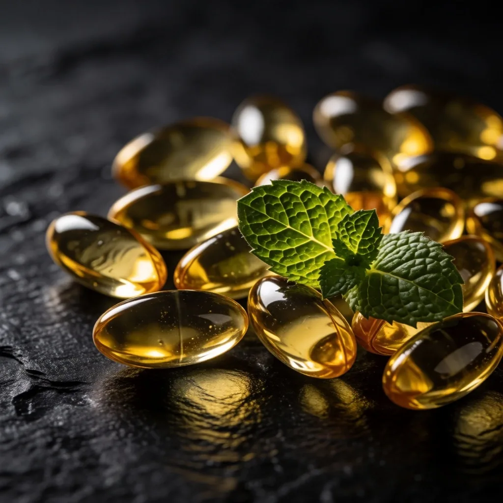 Omega-3 softgels on dark surface