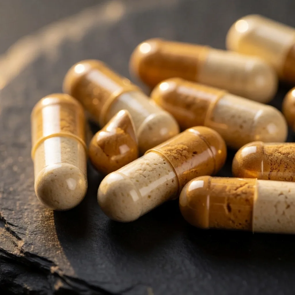 Vitamin capsules on stone surface