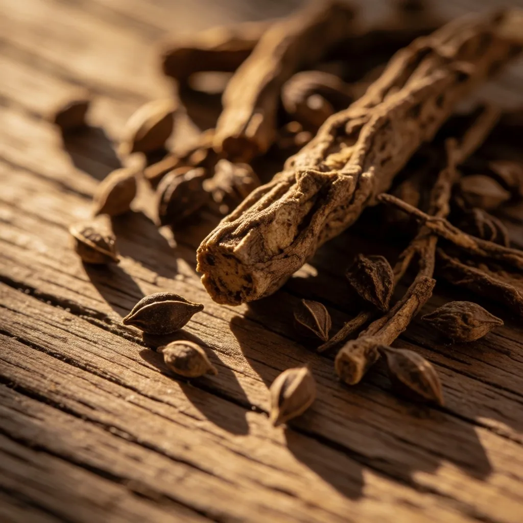 Natural botanical ingredients arranged on a weathered oak surface