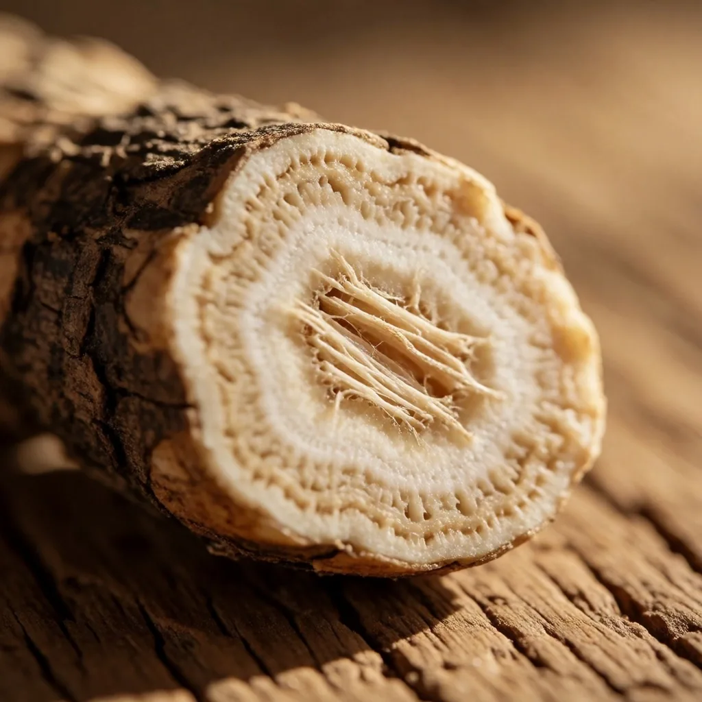 Ashwagandha root cross-section on wood