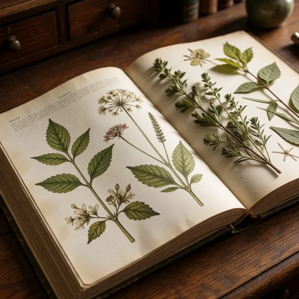 Botanical reference book on oak desk