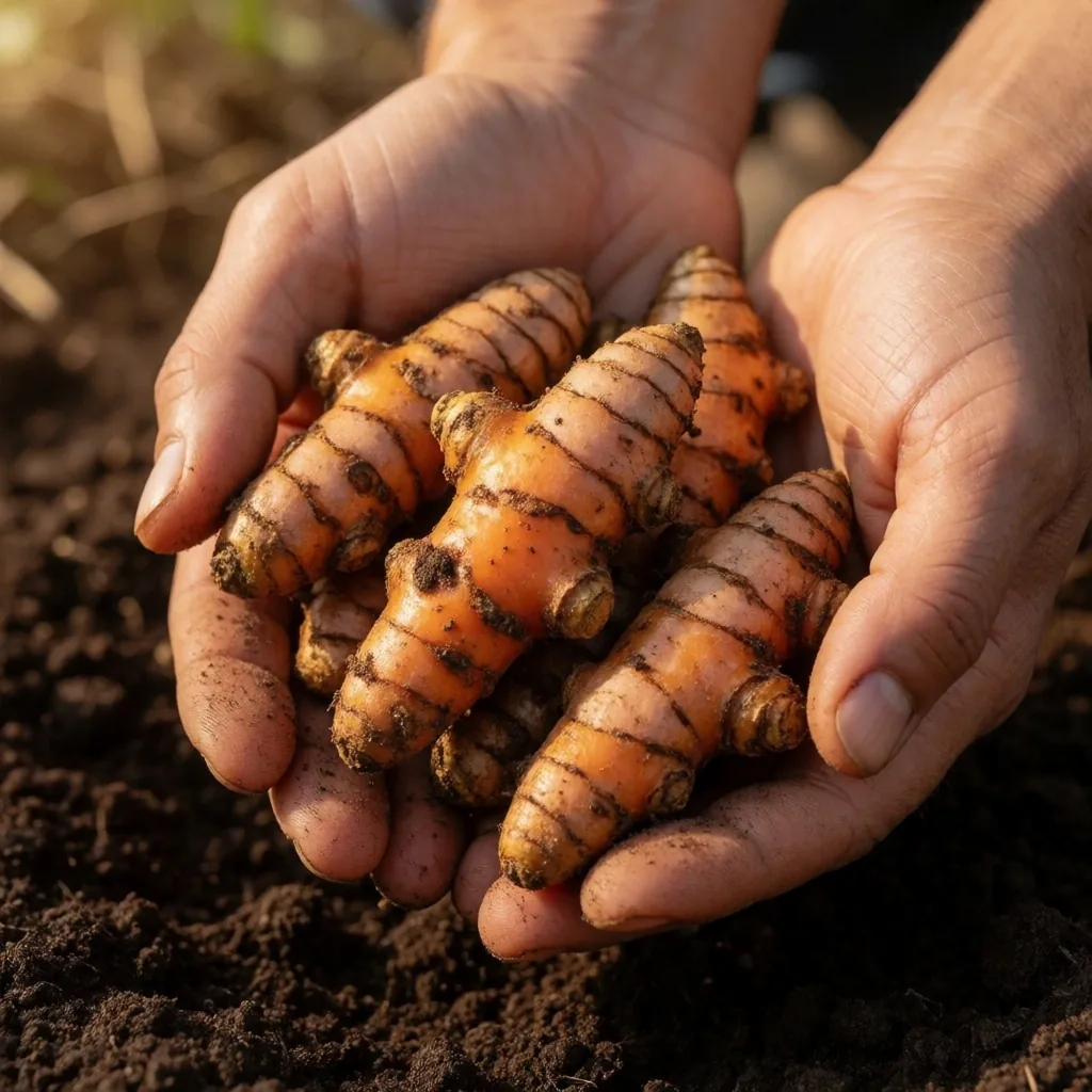 Fresh turmeric roots in soil