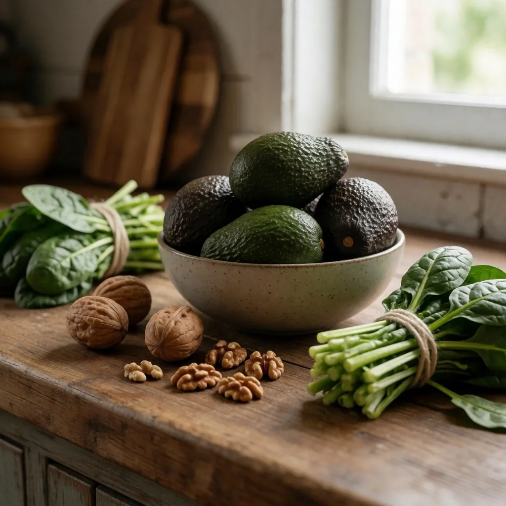 Fresh whole foods arranged on an oak cutting board