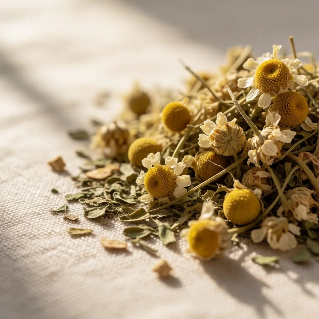 Macro photograph of dried chamomile flowers on paper
